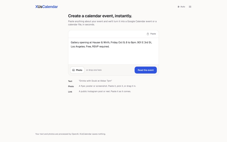 XUsCalendar input screen with a pasted gallery opening announcement and a Read the event button