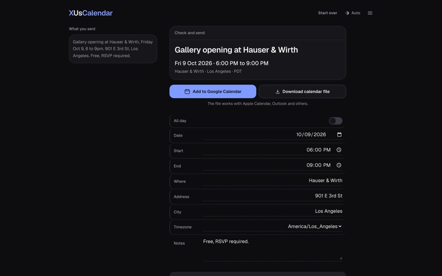 XUsCalendar event preview in dark mode for a gallery opening, with Add to Google Calendar and Download calendar file buttons above editable details
