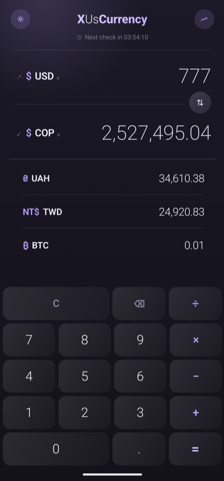 XUsCurrency converter screen in dark mode