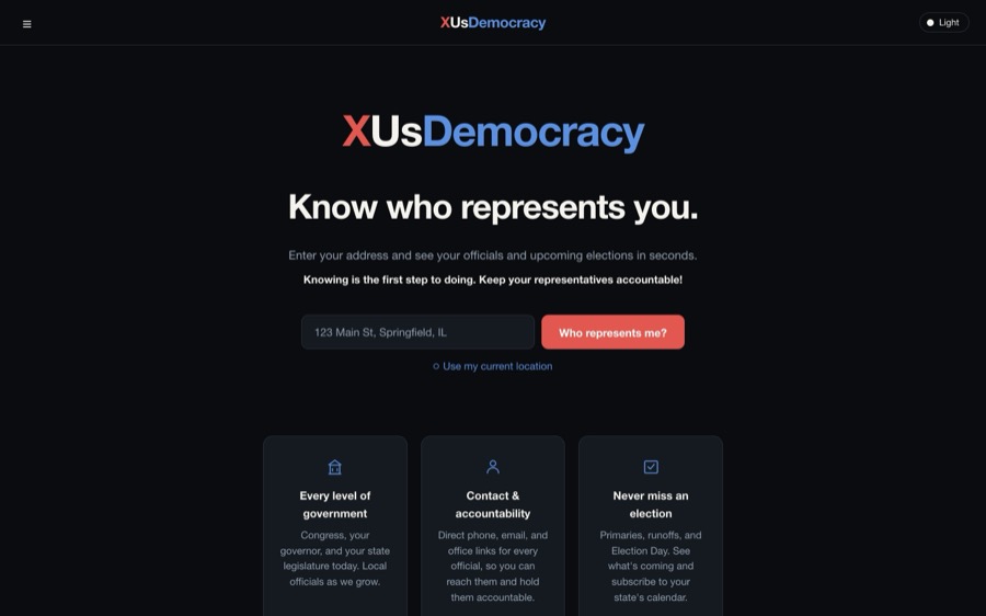 XUsDemocracy address lookup in dark mode