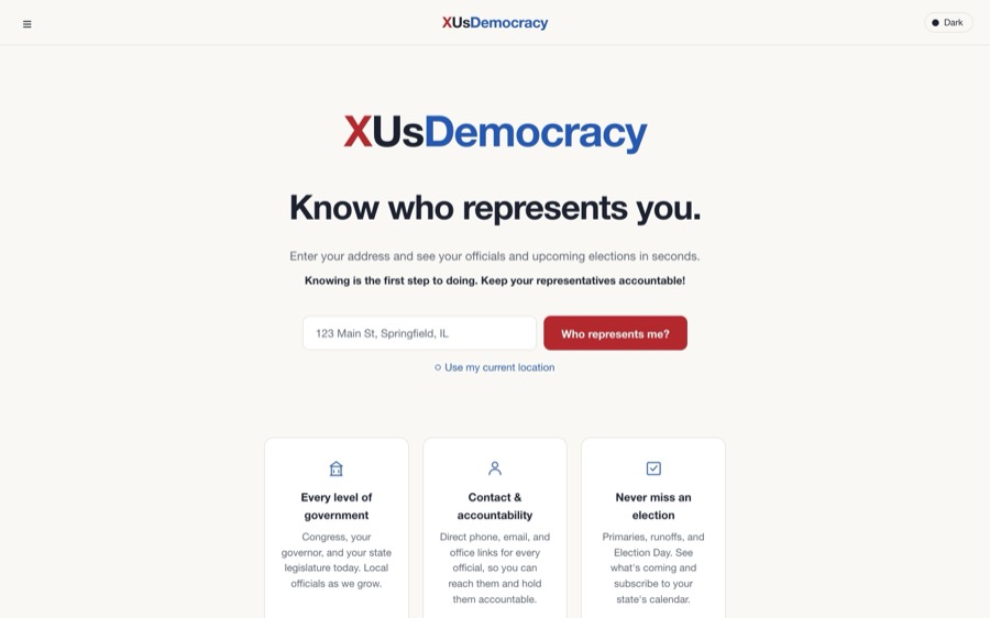 XUsDemocracy address lookup in light mode