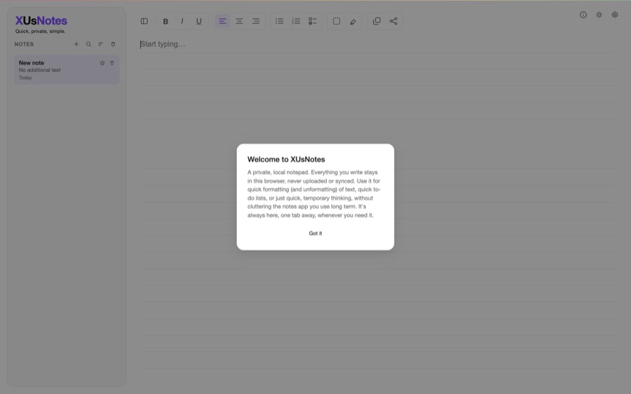 XUsNotes editor in light mode