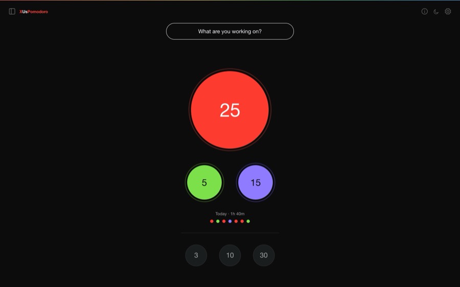 XUsPomodoro focus timer with a day of session dots in dark mode