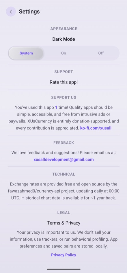 XUsCurrency settings screen